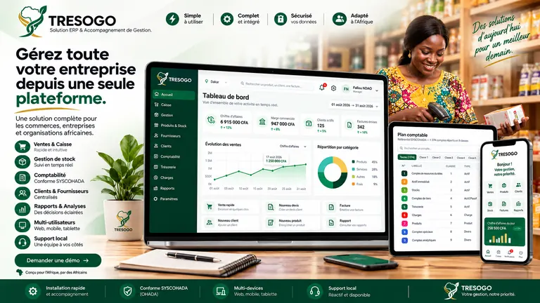 Présentation de Tresogo : caisse, stock, comptabilité et suivi de l’activité sur ordinateur et mobile.