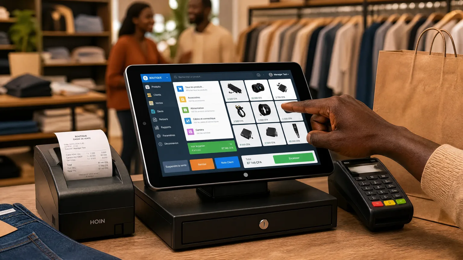 Caisse de vente Tresogo sur tablette dans une boutique : catalogue, panier et encaissement