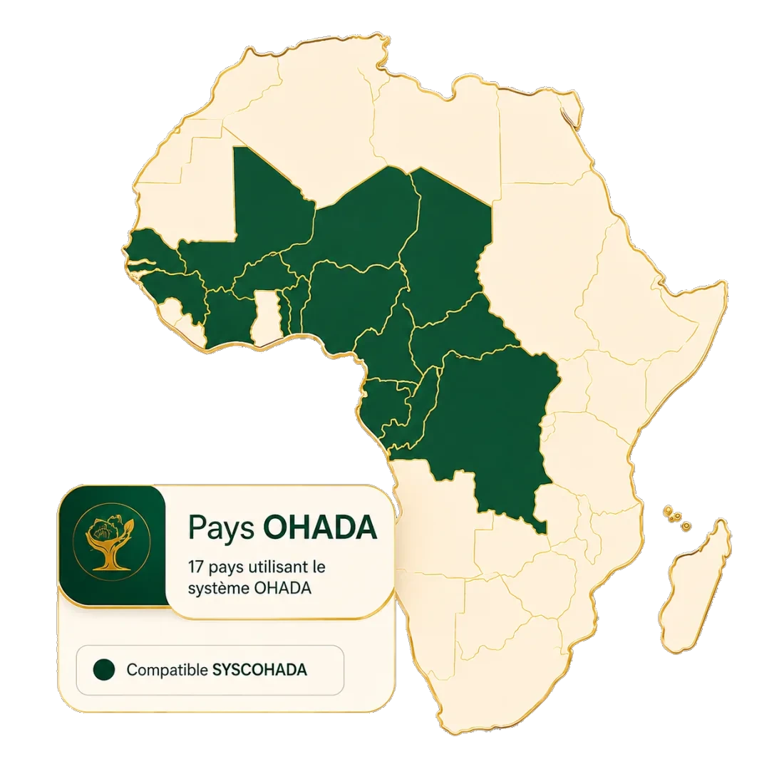 Carte d'Afrique des 17 pays membres de l'OHADA où s'applique le plan comptable SYSCOHADA
